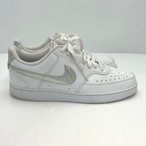 Nike Womens Court Vision Low White Iridescent Shiny Swoosh Sneakers Size 9.5